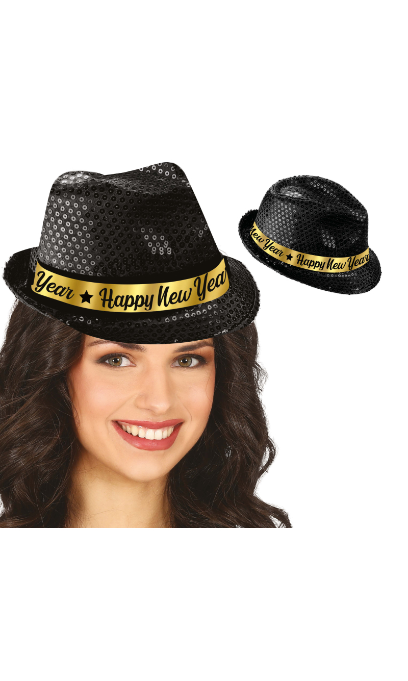Happy New Year Black Sequins Gangster Hat - Adult One Size