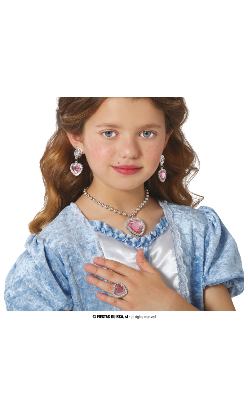 Pink Heart Jewellery Set (Necklace, Ring & Earrings) - Child One Size