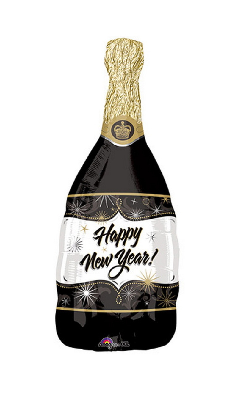 Happy New Year Bubbly Wine SuperShape Foil Balloon - 35cm x 91cm