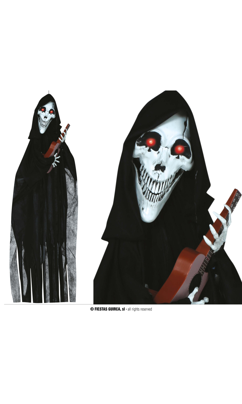 Halloween Hanging Guitar Skeleton With Light Sound & Movement 120cm