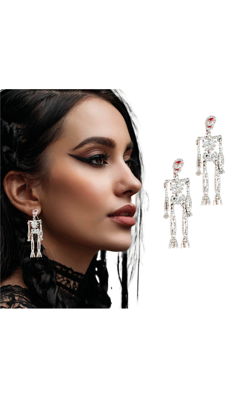 Halloween Sparkling Skeleton Earrings Silver 65cm