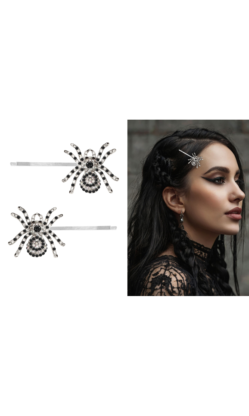 Halloween Sparkling Silver Spider Hair Clips 7.5cm - 2pcs
