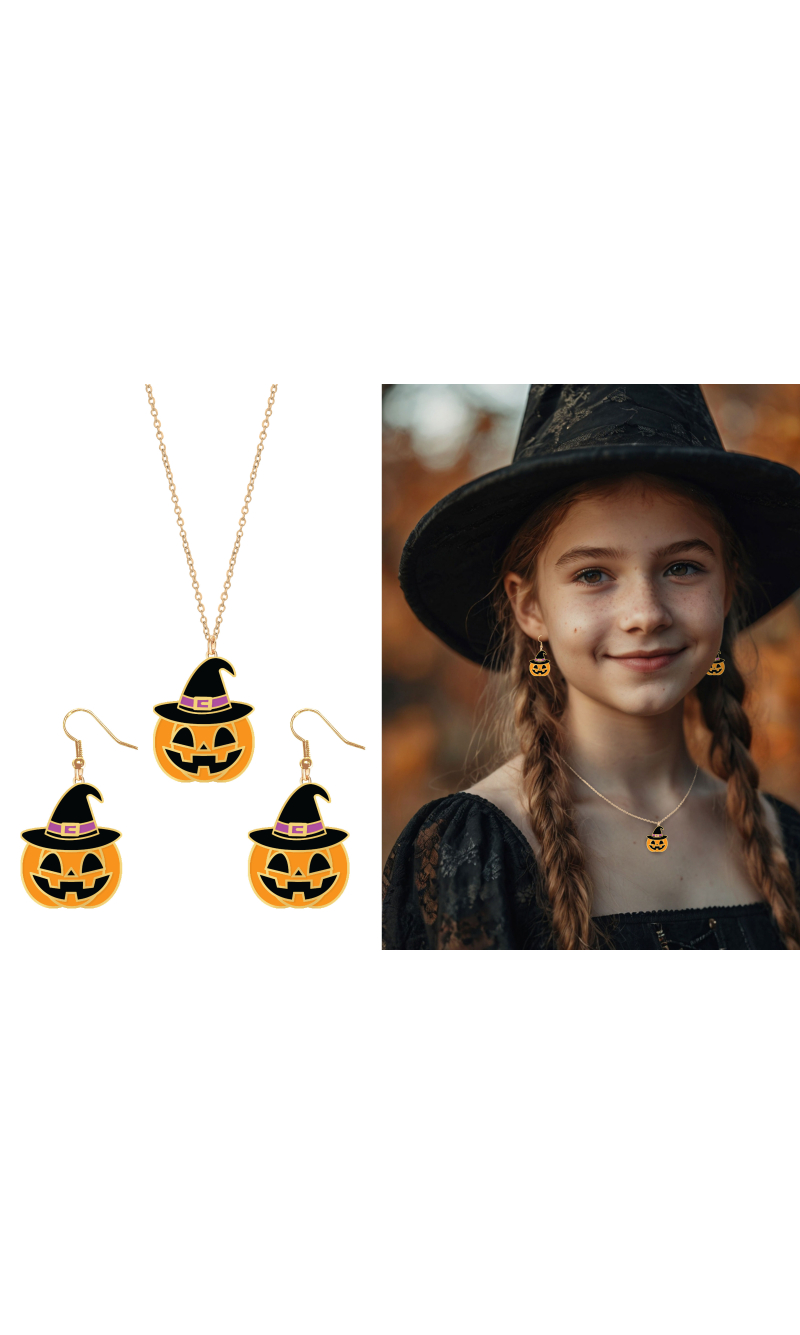 Halloween Earrings & Necklace Pumpkin Set