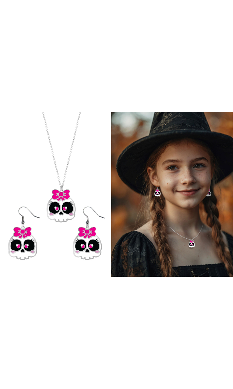 Halloween Earrings & Necklace Skull Set 