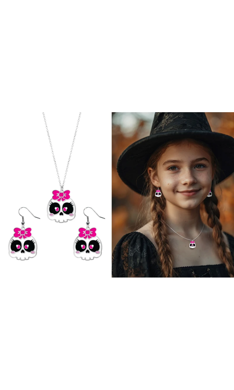 Halloween Earrings & Necklace Skull Set 
