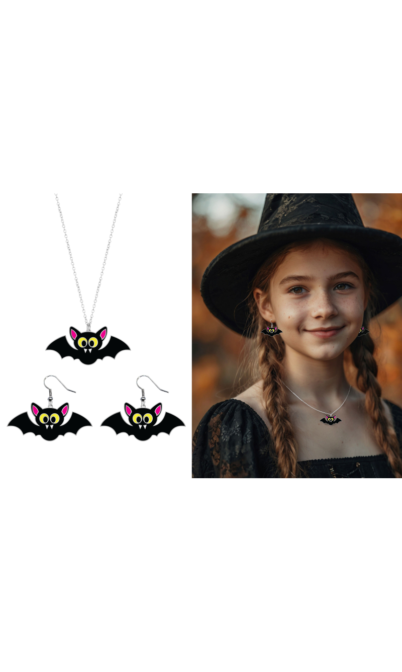 Halloween Earrings & Necklace Bat Set 