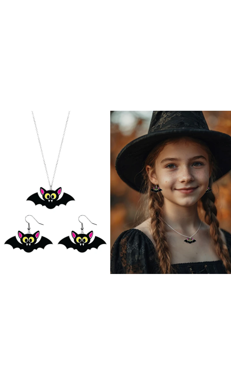 Halloween Earrings & Necklace Bat Set 