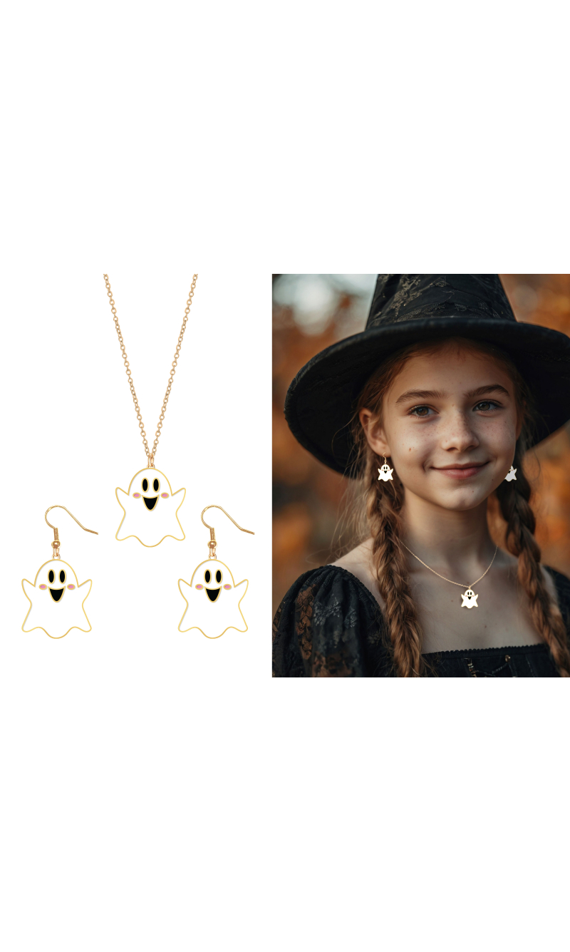 Halloween Earrings & Necklace Ghost Set