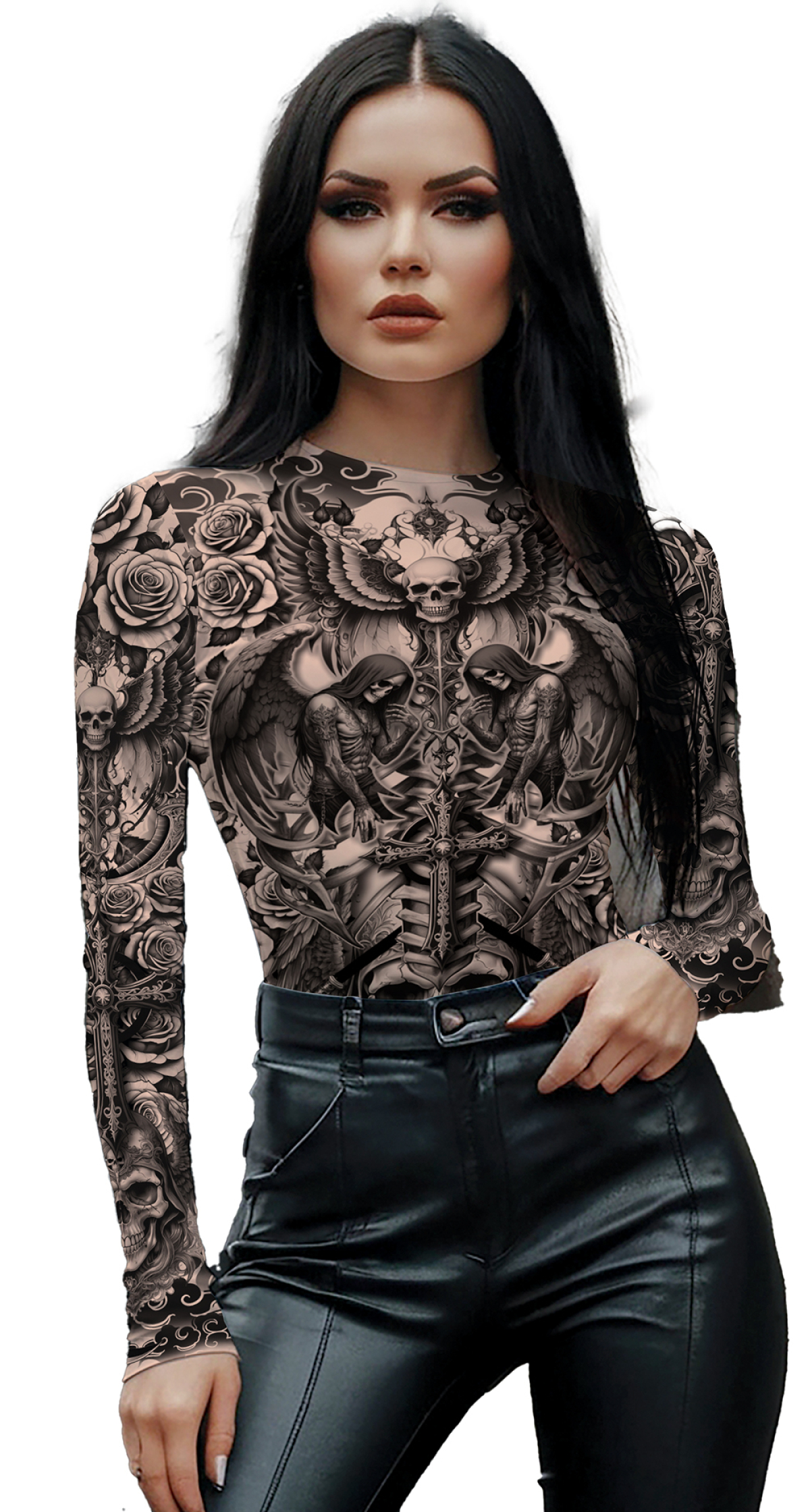 Halloween Tattoo Effect Skull Bodysuit - Adult Size Medium (38–40)