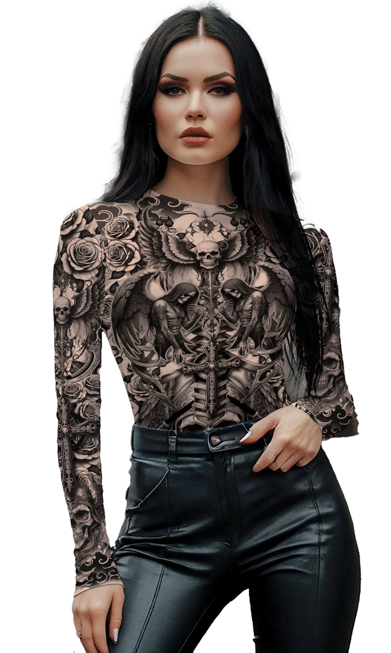 Halloween Tattoo Effect Skull Bodysuit - Adult Size Medium (38–40)
