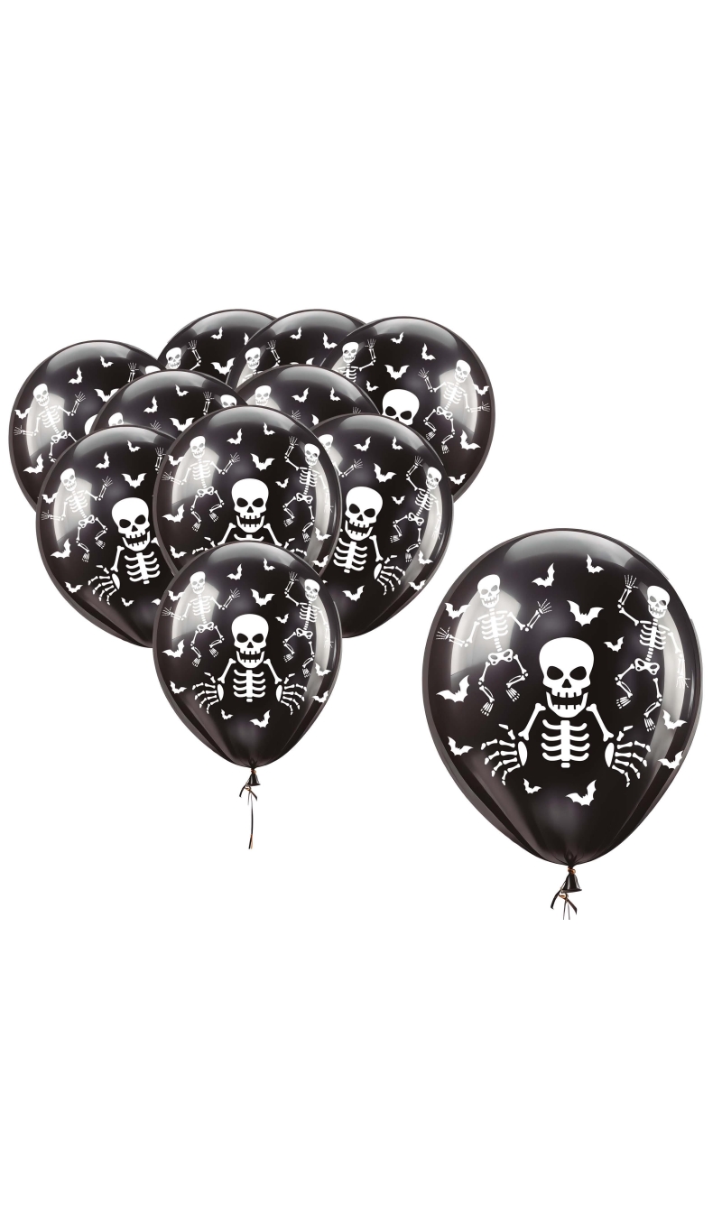 Halloween Black Skeleton 11 Inch Latex Balloons - 10pcs