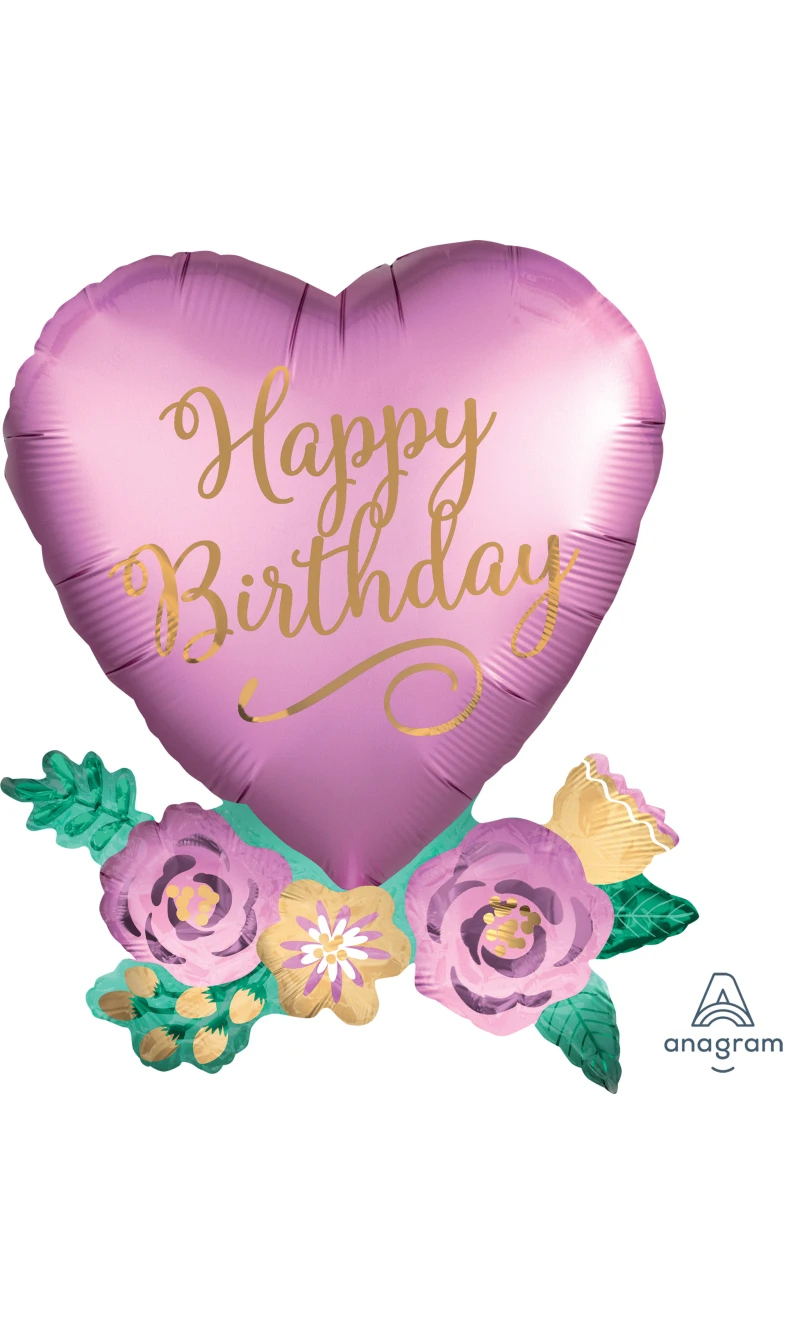 Bday Satin Heart Flowers SuperShape Foil Balloon - 58 x 76cm