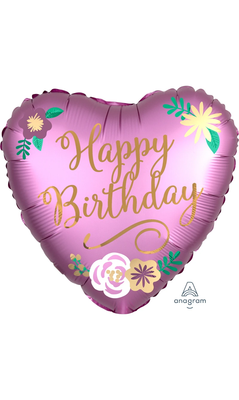 Birthday Satin Flowers Standard Heart Foil Balloon 17" (42cm)