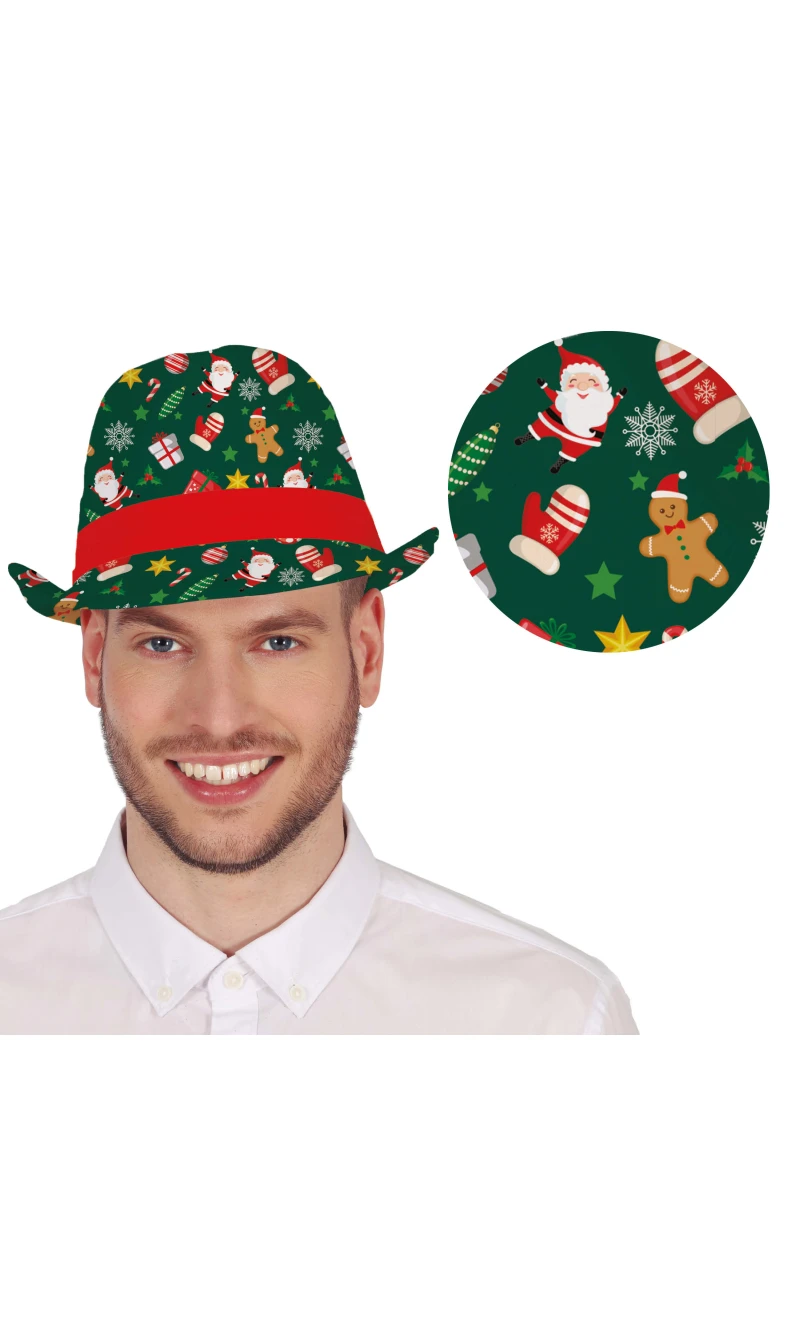 Christmas Green Printed Gangster Hat - Adult One Size