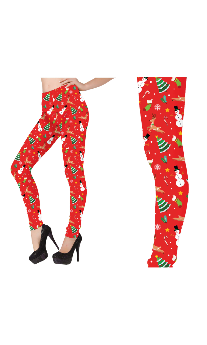 Christmas Red Printed Leggings - Adult Size Large (42-44)