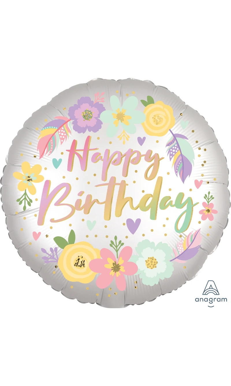 Boho Bday Satin Flowers Standard Circle Foil Balloon 17" (42cm)