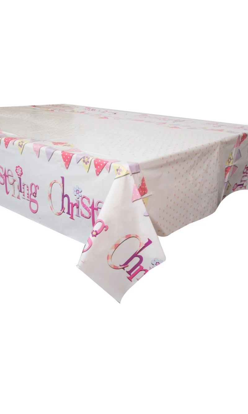 Pink Bunting Christening Plastic Table Cover - 54" x 84"