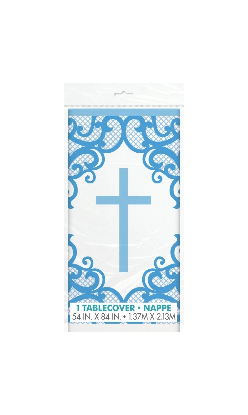 Fancy Blue Cross Plastic Table Cover - 54" x 84"