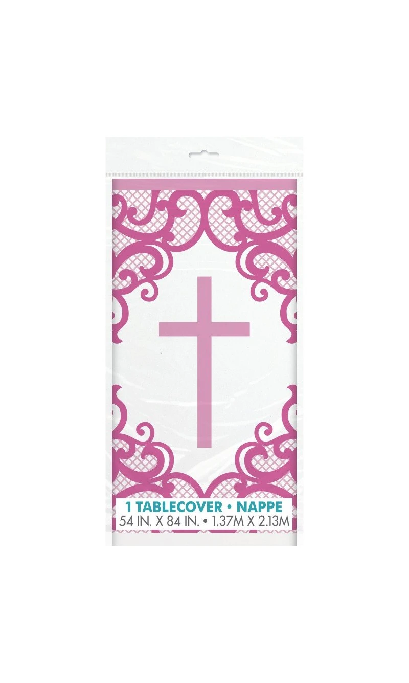 Fancy Pink Cross Plastic Table Cover - 54" x 84"