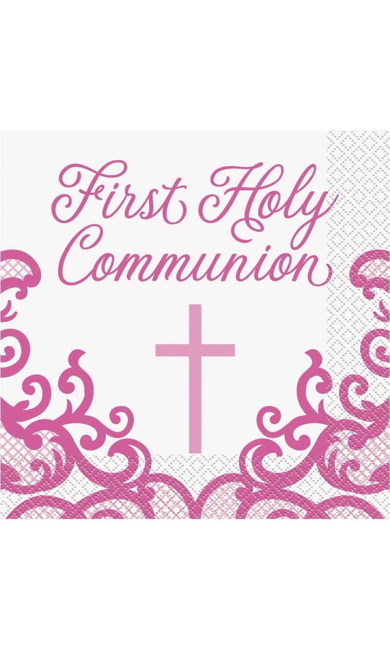 Fancy Pink Cross First Holy Communion Napkins - 16pk