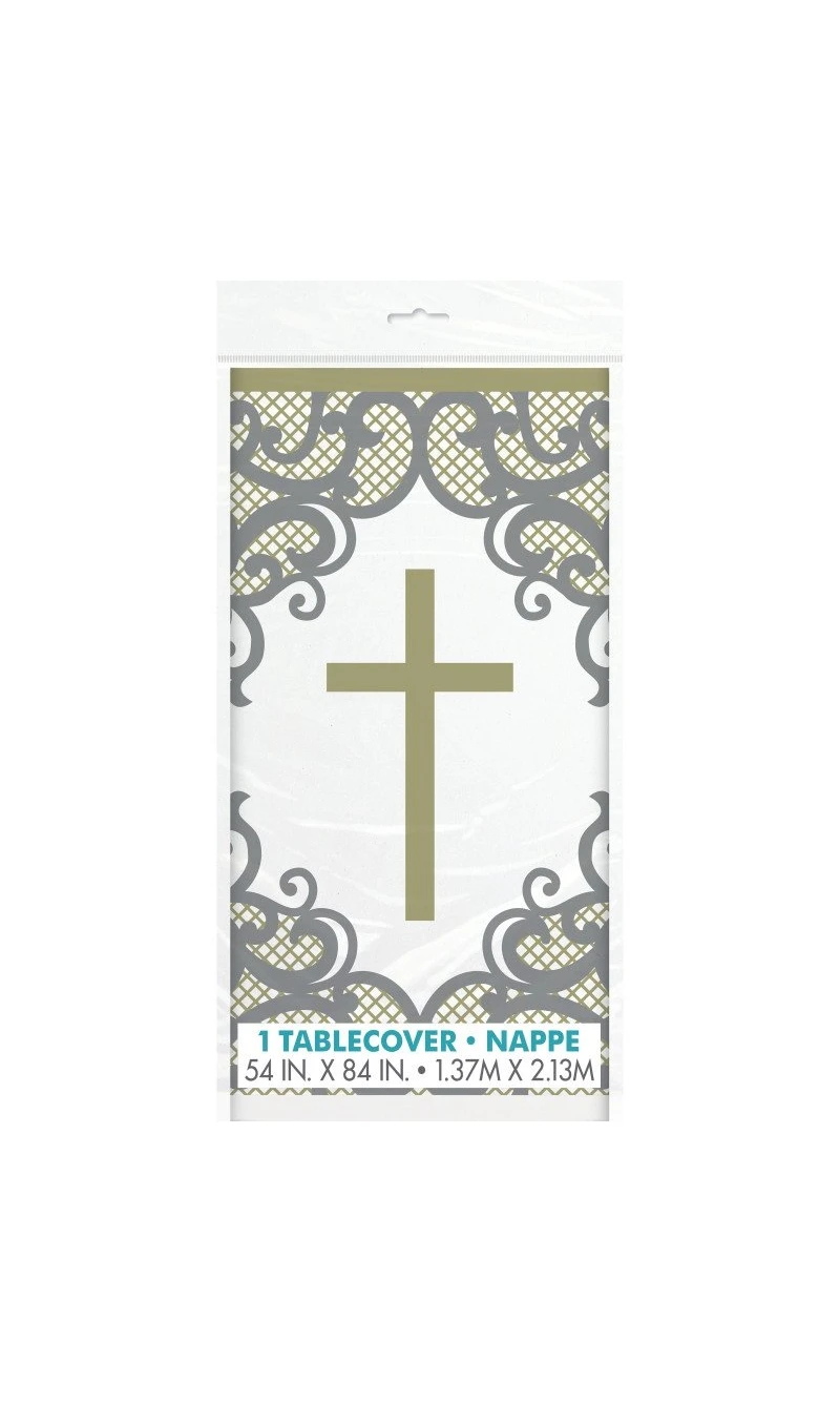 Fancy Gold Cross Plastic Table Cover -  54" x 84"