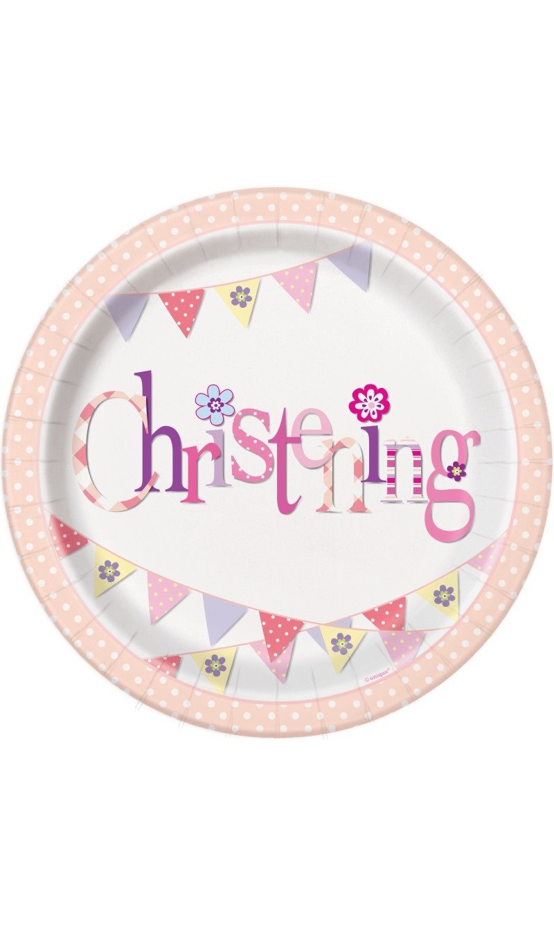 Pink Bunting Christening Round 9 Inch Paper Plates - 8pk