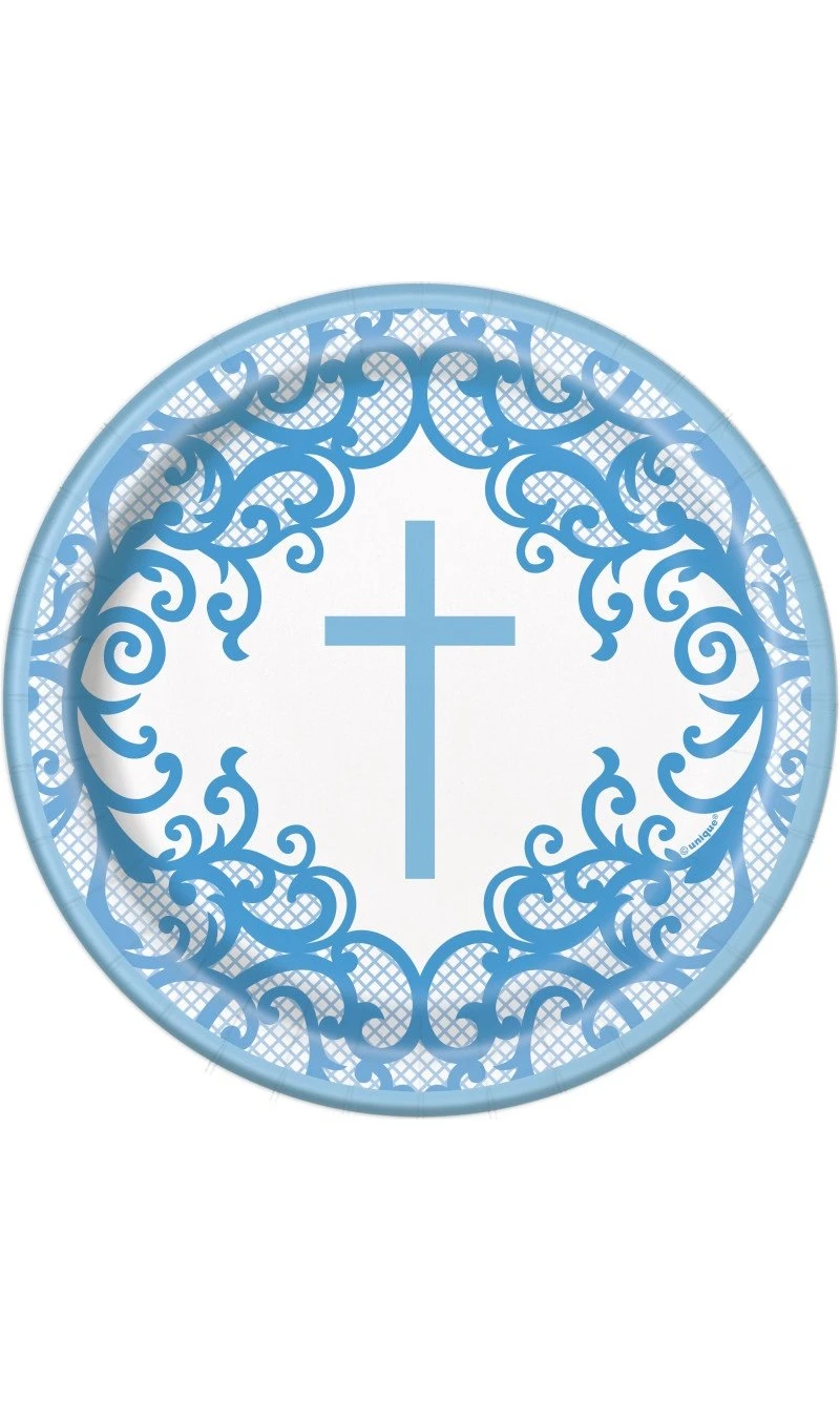 Fancy Blue Cross Round 7" Dessert Plates - 8pk