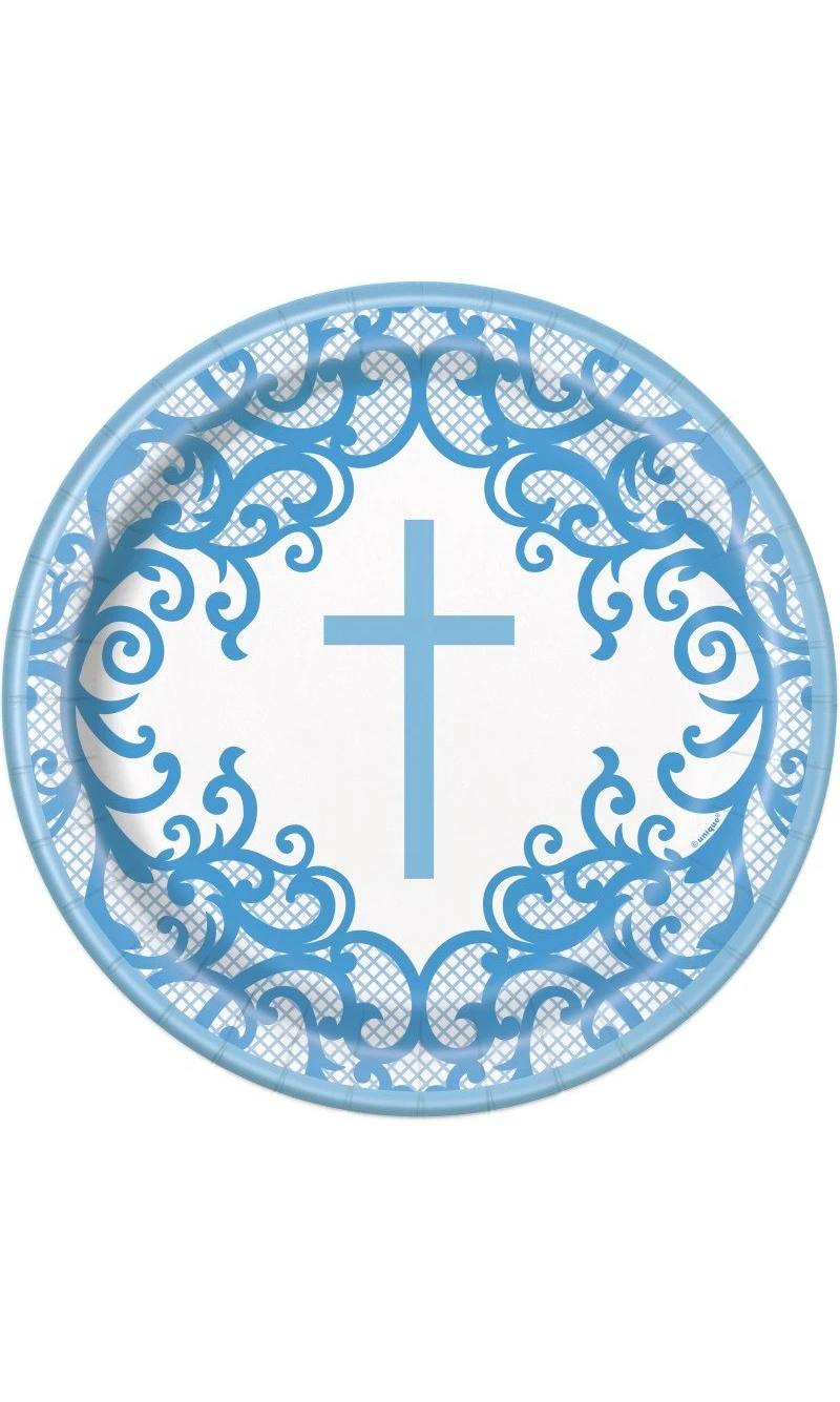 Fancy Blue Cross Round 9" Dinner Plates - 8pk