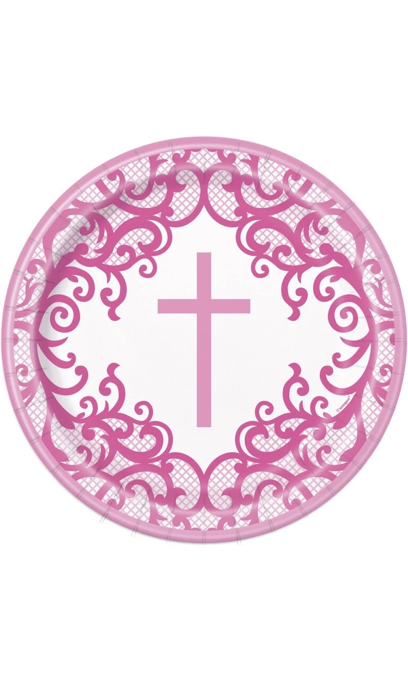 Fancy Pink Cross Round 9" Dinner Plates - 8pk