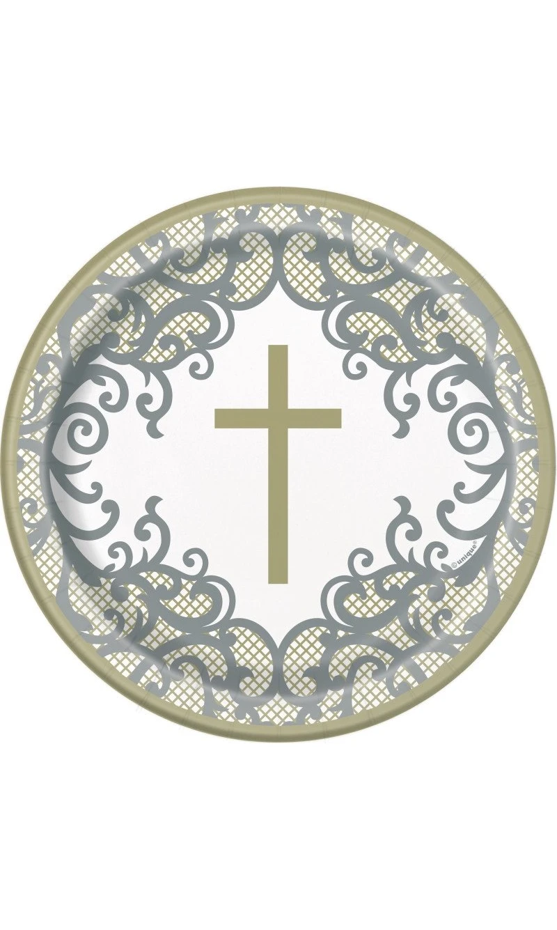 Fancy Gold Cross Round 7" Dessert Plates - 8pk