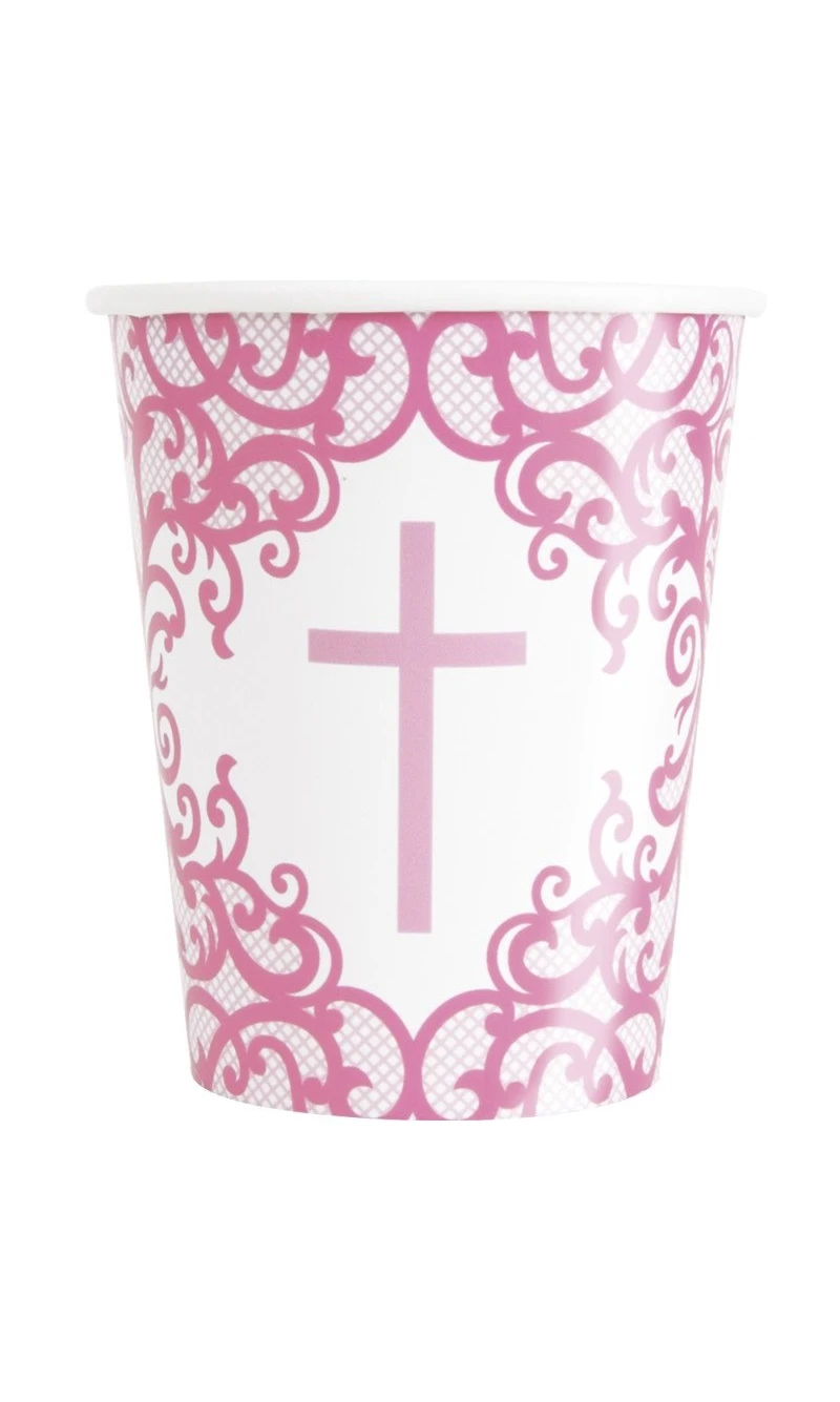 Fancy Pink Cross 266ml Paper Cups - 8pk