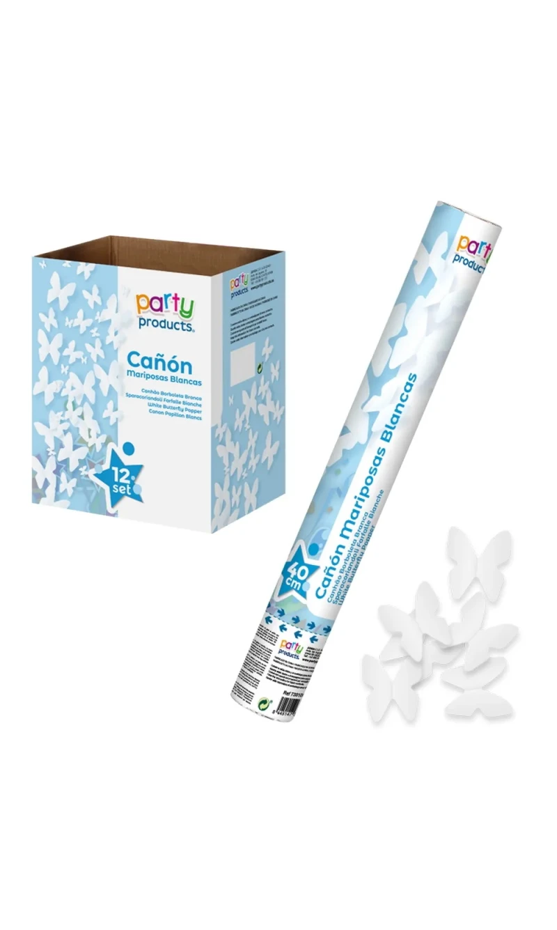 Confetti Cannon / Popper With Butterflies, White, 40cm