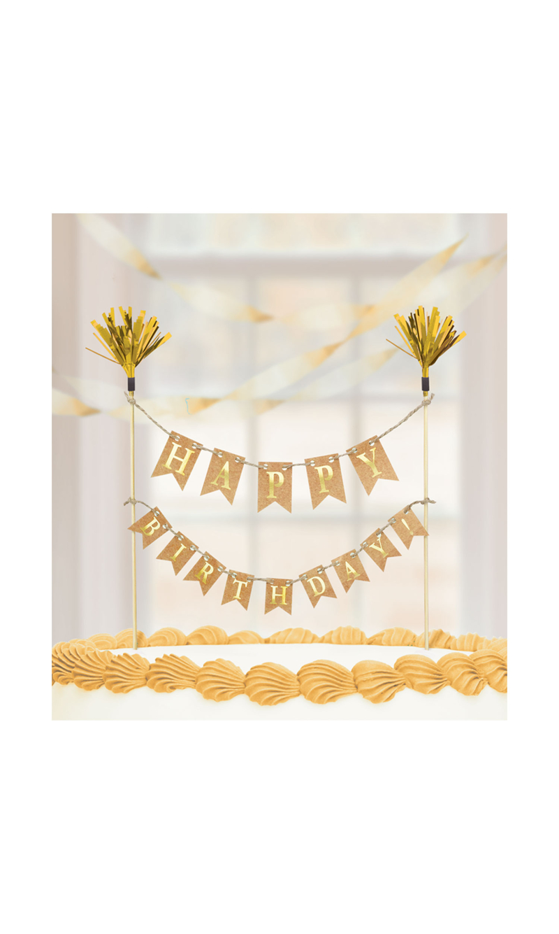 Happy Birthday Cake Topper Decoration Pennant Banner  Gold - 15 x 20cm
