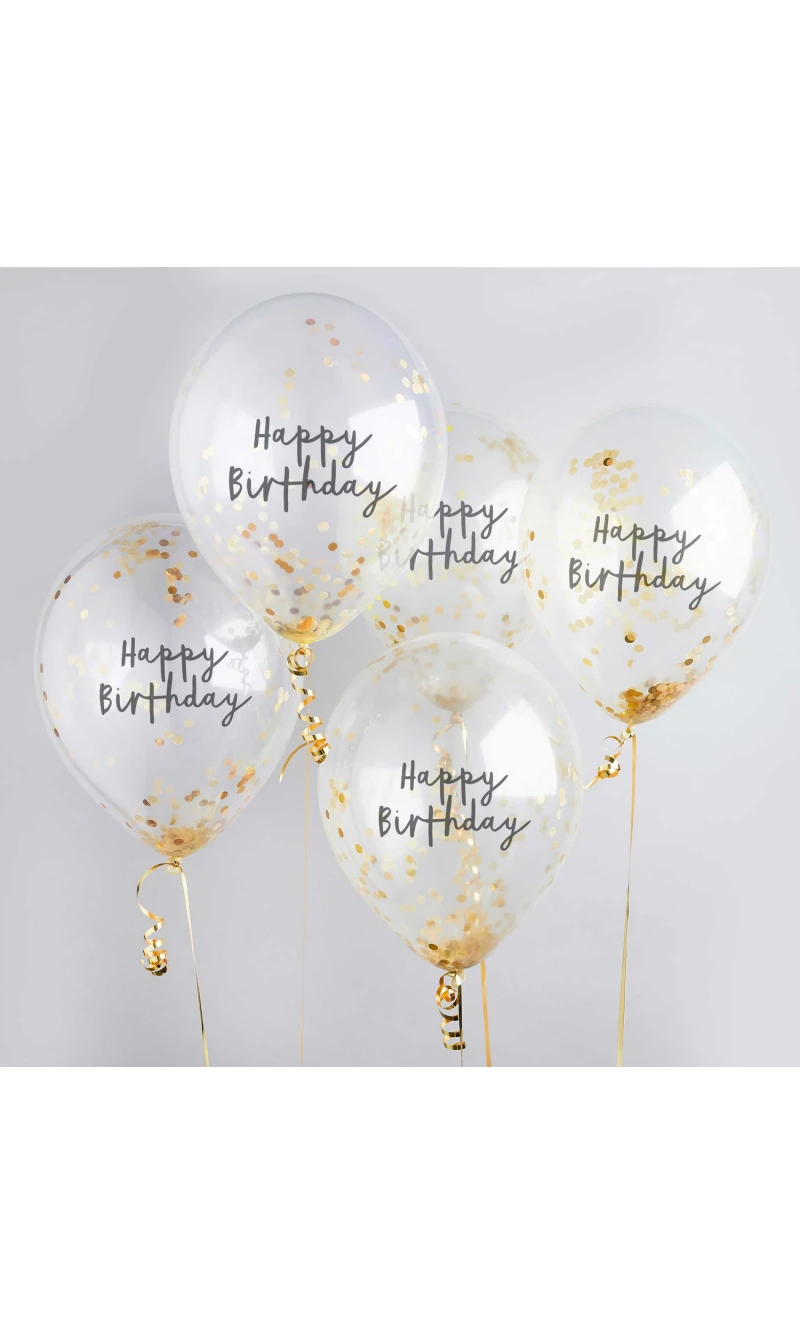 Gold Happy Birthday Confetti 12 Inch Latex Balloons 5pk