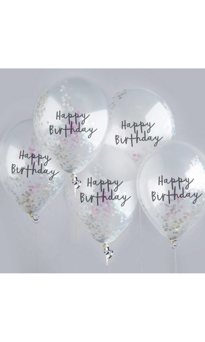 Iridescent Happy Birthday Confetti 12 Inch Latex Balloons 5pk