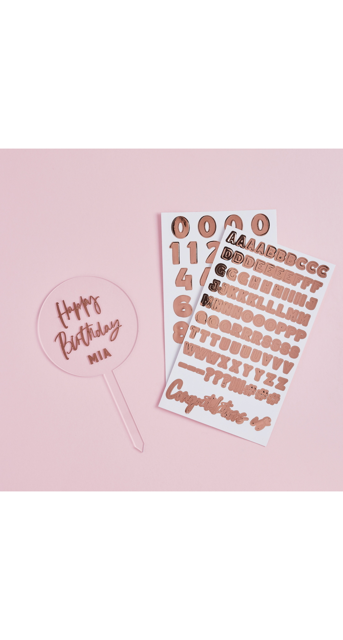 Acrylic Personalised Cake Topper With Rose Gold Sticker Sheets