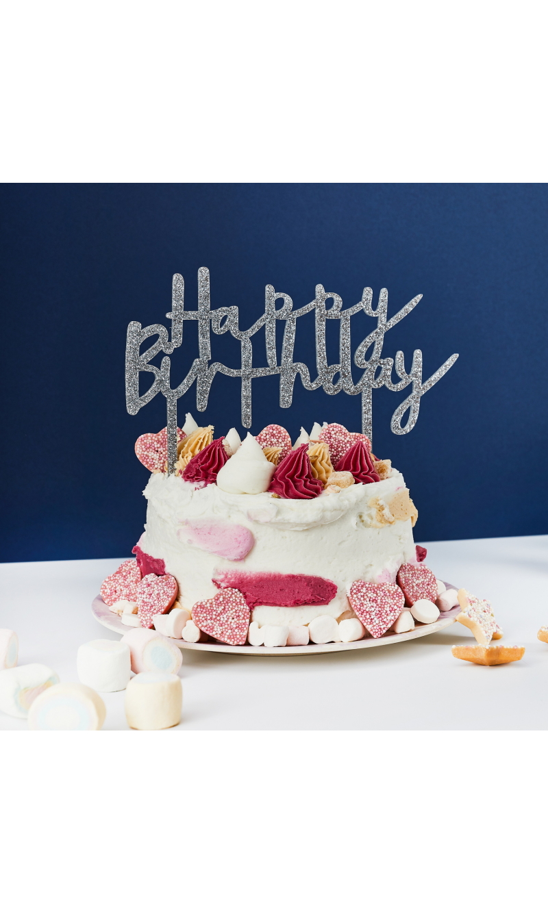 Silver Happy Birthday Acrylic Cake Topper