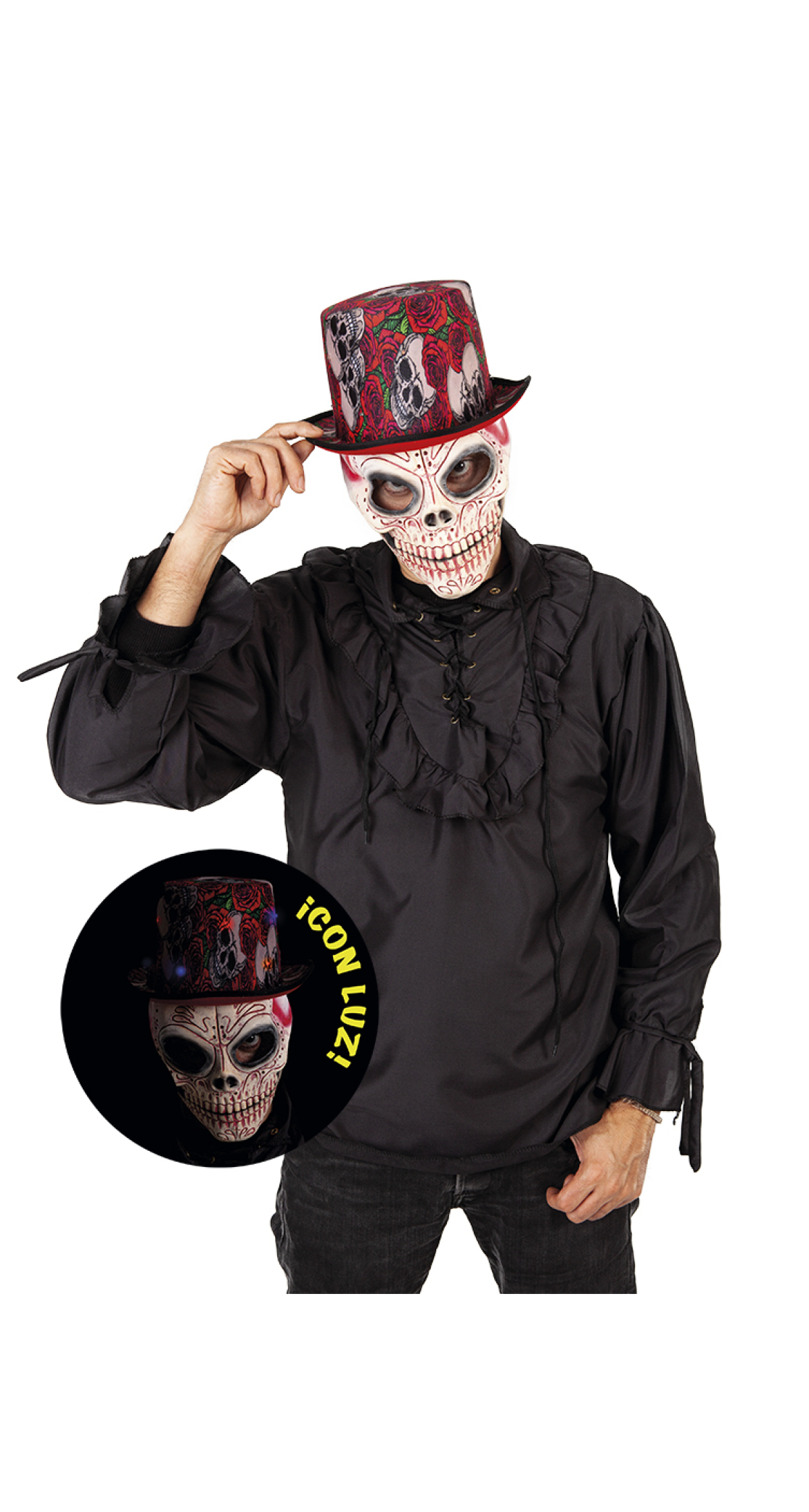 Halloween Top Hat Roses & Skull With Light - Adult One Size