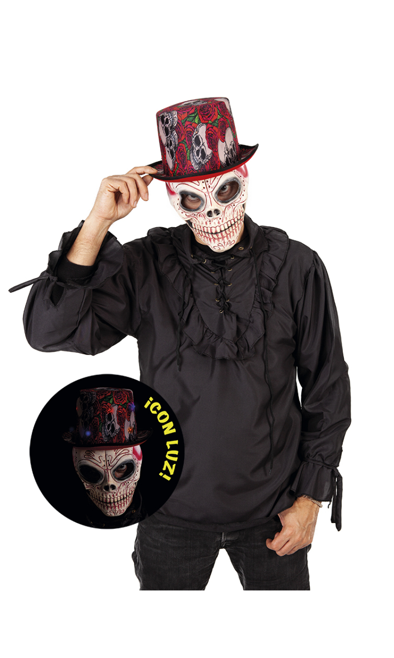 Halloween Top Hat Roses & Skull With Light - Adult One Size