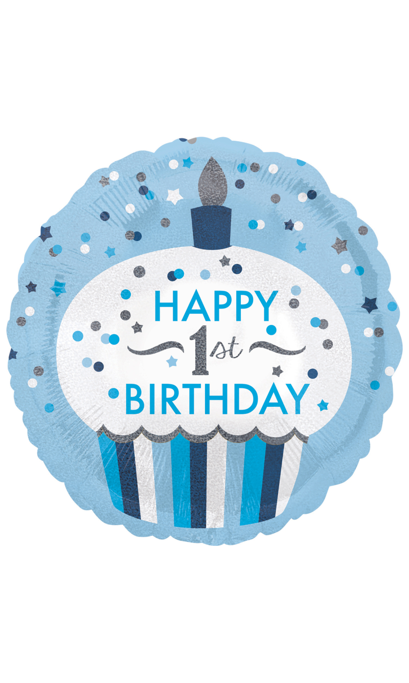 Standard Holographic 1st Birthday Cupcake Boy Foil Balloon 43cm