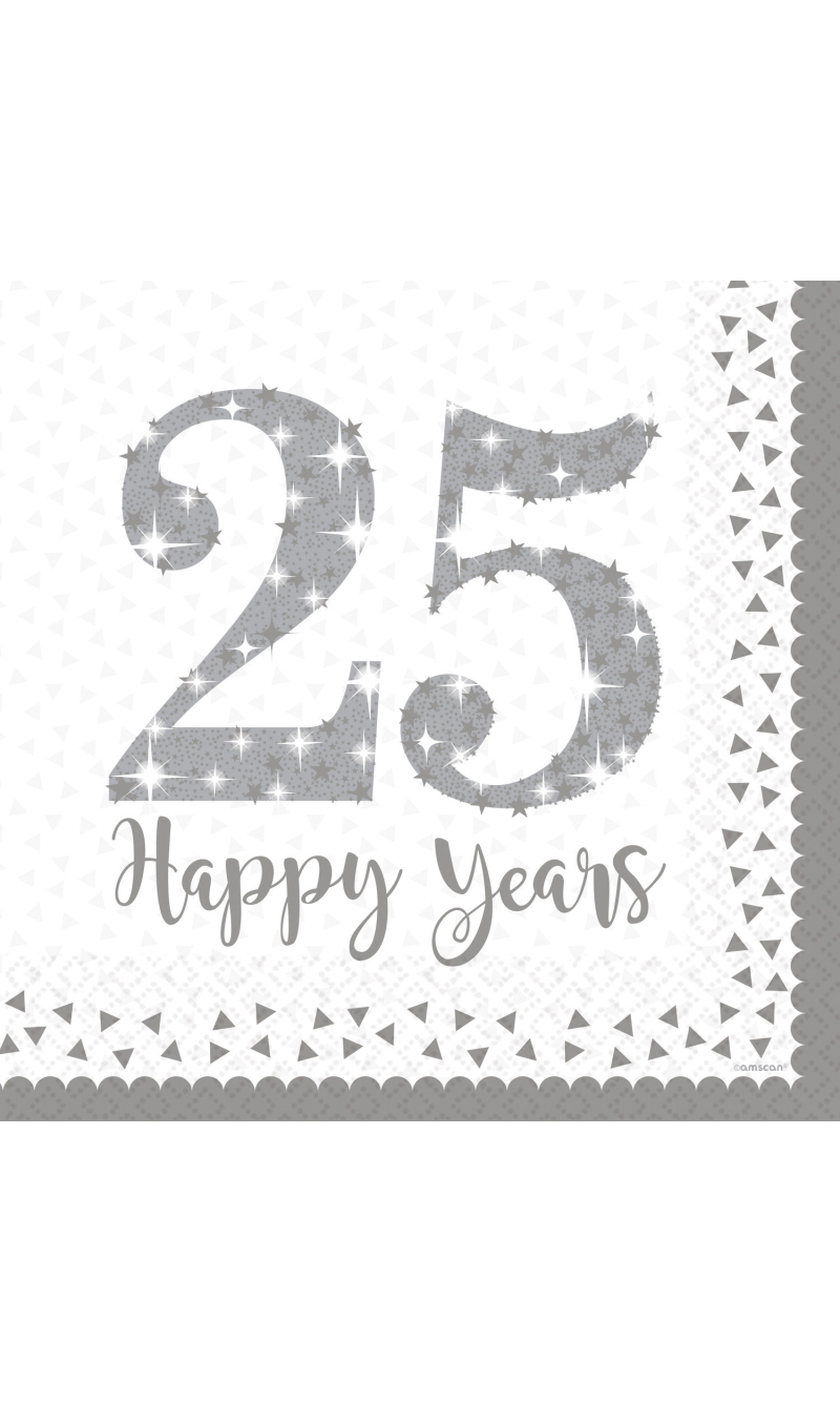 Silver Anniversary 25 Happy Years Napkins 33x33cm - 16pk