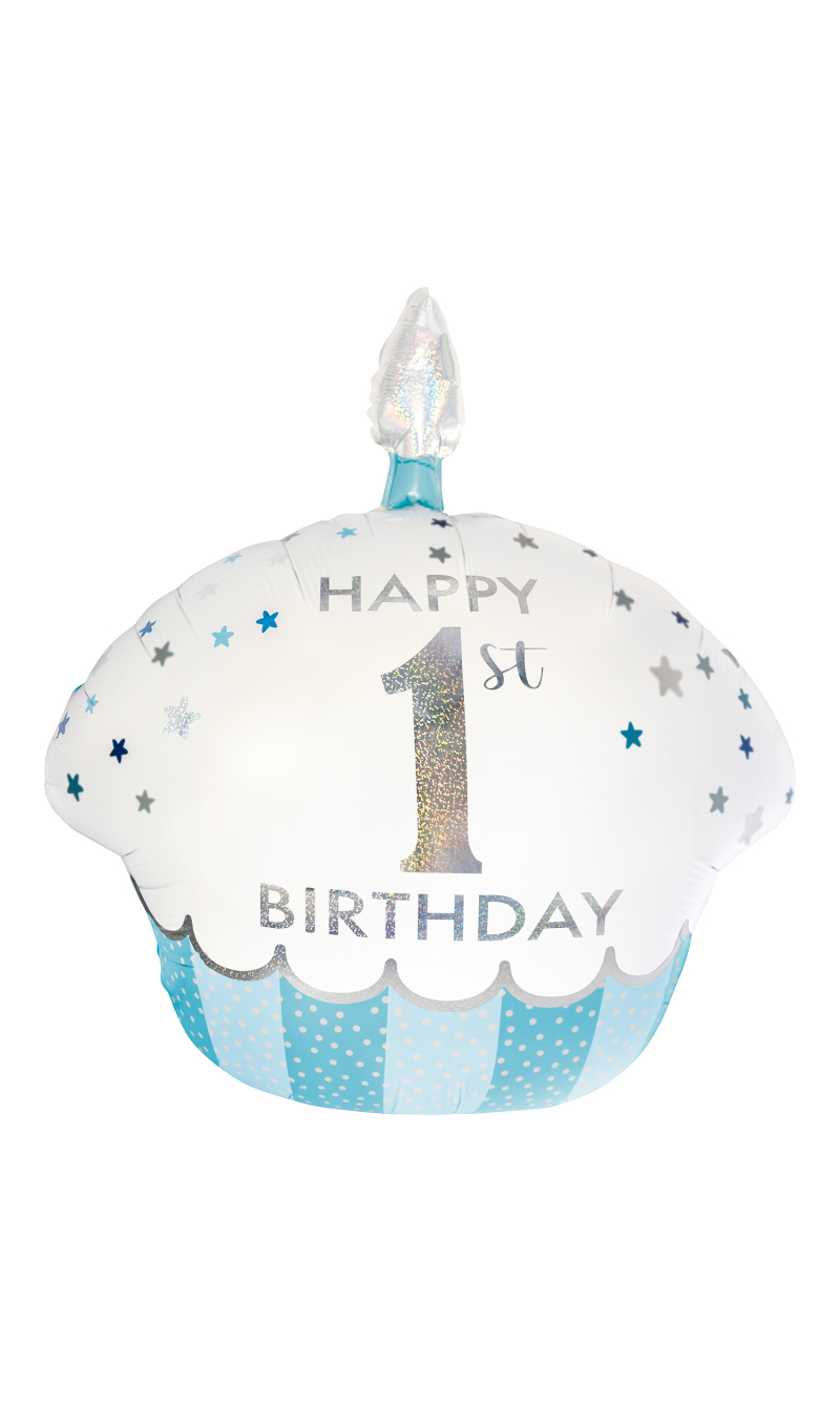 Large Shape Holographic 1st Birthday Cupcake Boy Foil Balloon 67cm x 58cm