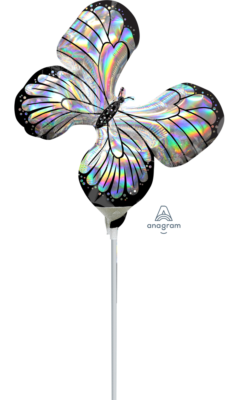 Mini Shape Iridescent Butterfly Air-Filled 14 Inch Foil Balloon + Stick