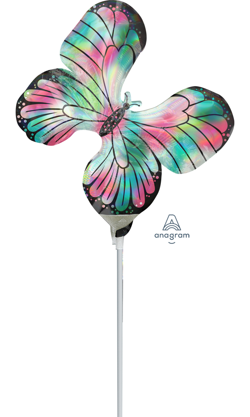 Mini Shape Iridescent Butterfly Air-Filled 14 Inch Foil Balloon + Stick
