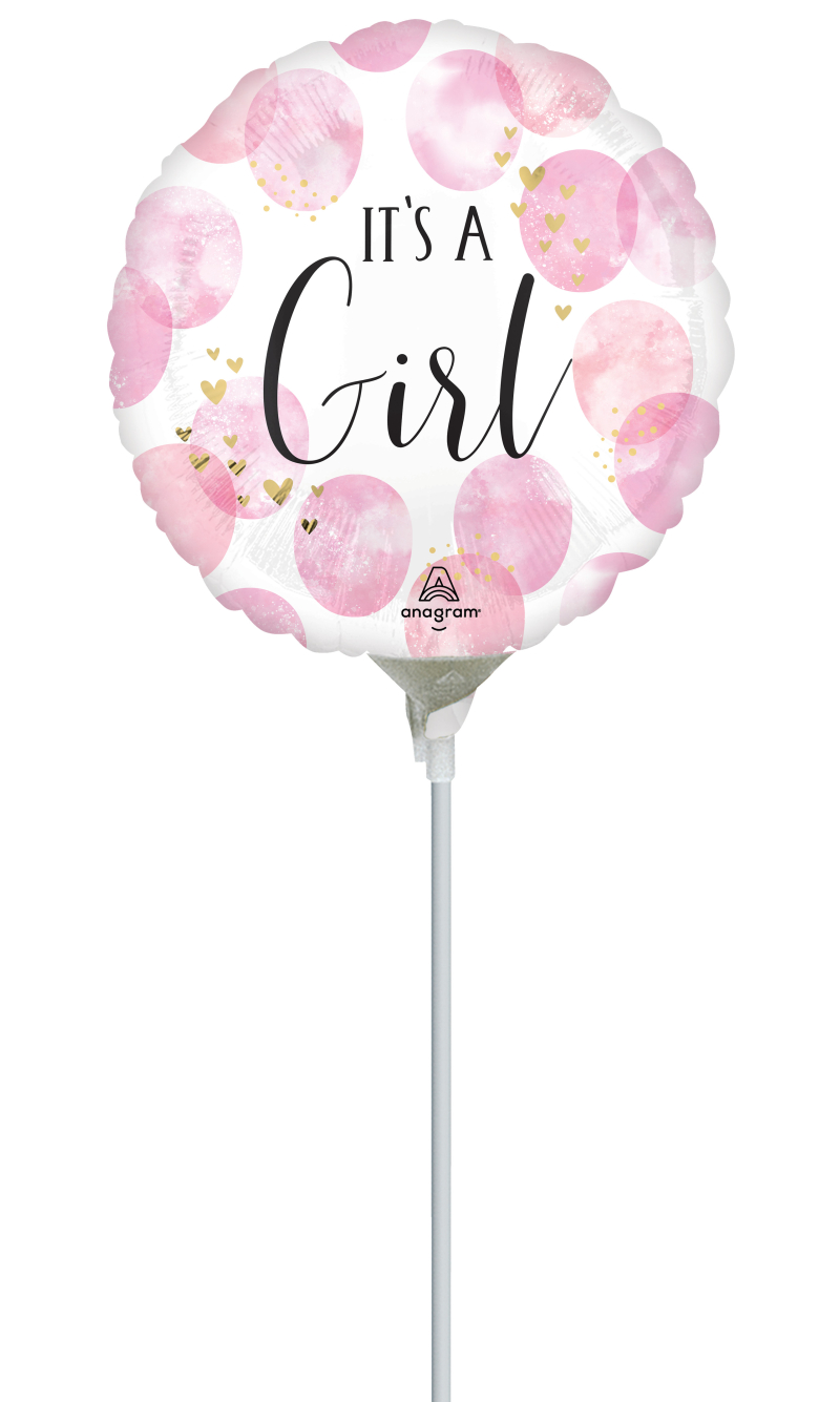 Mini Air-Filled Baby Girl Pink Watercolor 23cm Foil Balloon + Stick