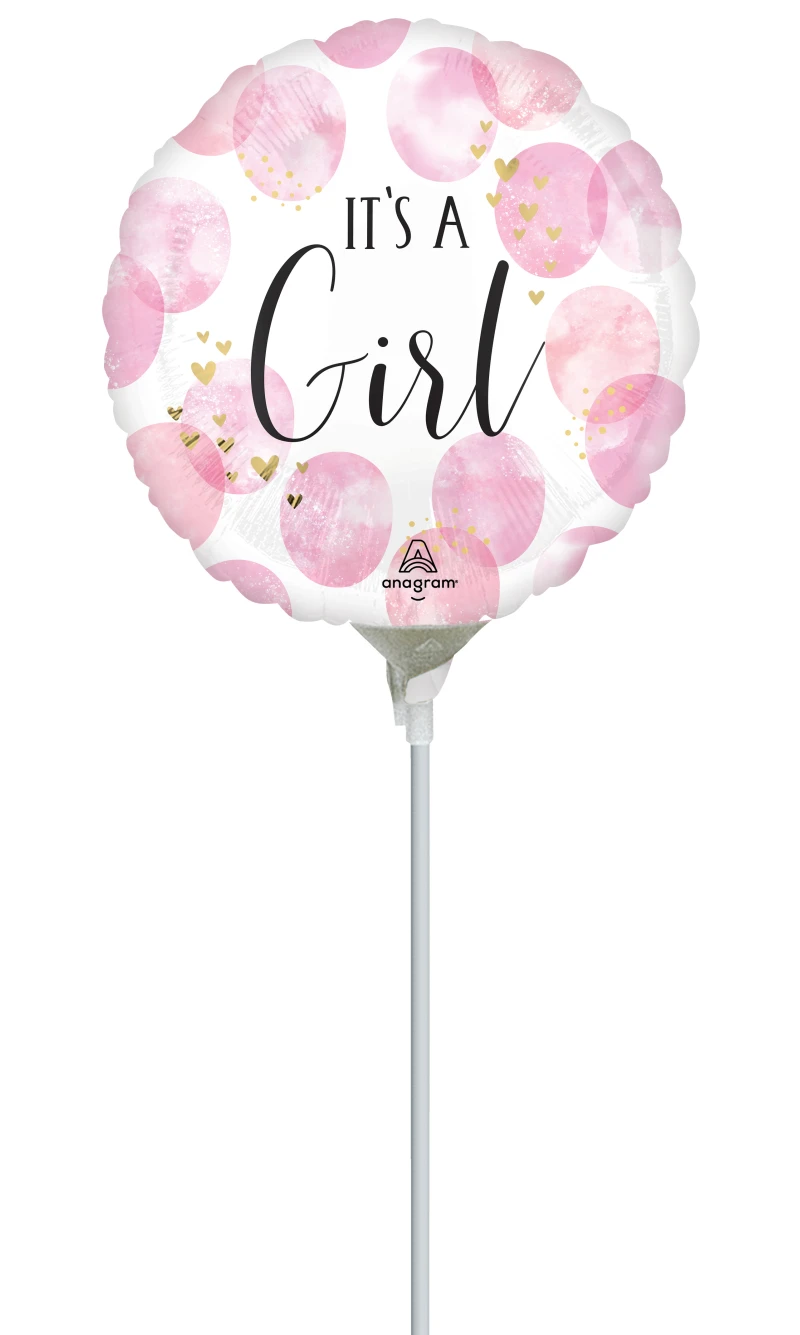 Mini Air-Filled Baby Girl Pink Watercolor 23cm Foil Balloon + Stick