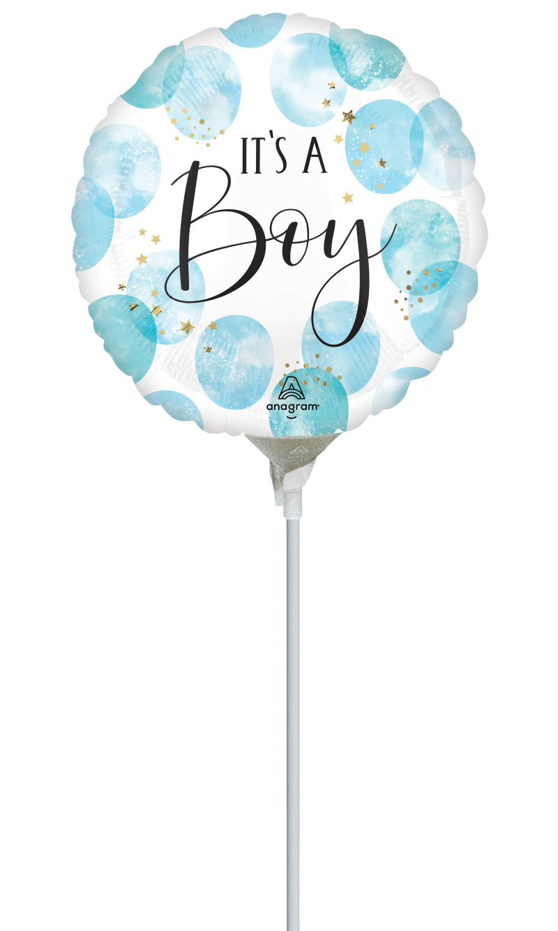 Mini Air-Filled Baby Boy Blue Watercolor 23cm Foil Balloon + Stick