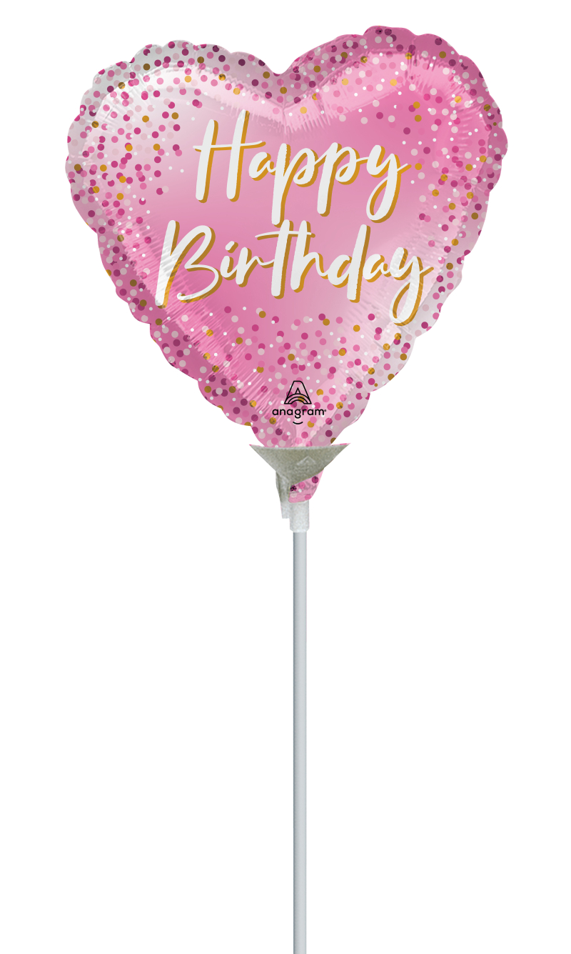 Mini Air-Filled Heart Happy Birthday Sparkle 23cm Foil Balloon + Stick