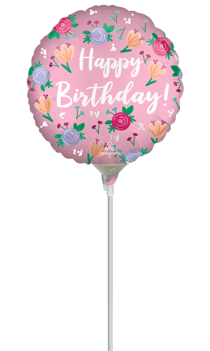Mini Air-Filled Happy Birthday Peony 23cm Foil Balloon + Stick