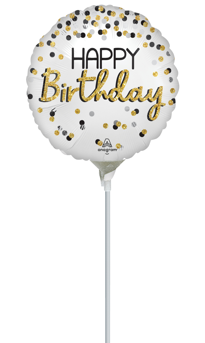Mini Air-Filled Black Silver Gold Birthday 23cm Foil Balloon + Stick